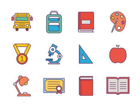 School line and fill style icon set design, education class lesson knowledge preschooler study learning classroom and primary theme Vector illustration