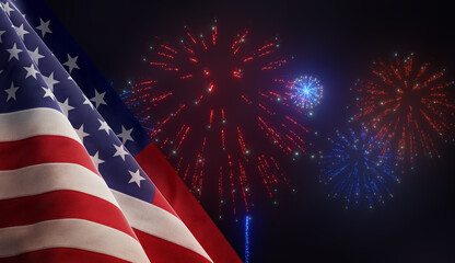 USA American Flag Waving in the Wind, Fireworks at Background, Highly Detailed with Seam Marks and Textures, 3D Illustration, With Space for Text
