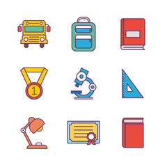 School line and fill style icon set design, education class lesson knowledge preschooler study learning classroom and primary theme Vector illustration