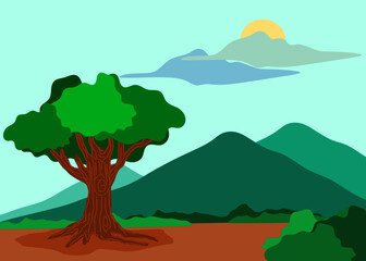 vector illustration of a mountain landscape with tree,bush,clouds and sun 