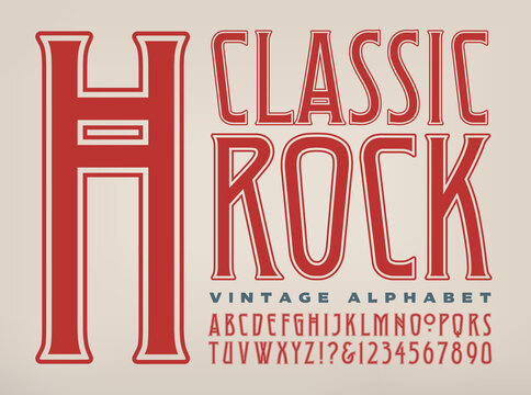 A Condensed Capitals and Numbers Alphabet in a Classic Rock 1970s Style of Lettering; This Font Also References Type Styles from the Art Deco Design Period