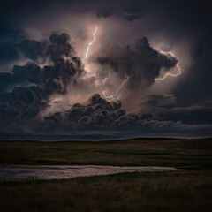 Obraz na płótnie Canvas Lightning, Thunder and Severe Weather Over Bodies of Water on the Greta Plains