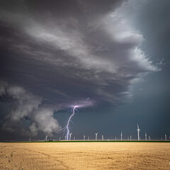 Lightning, Thunder over a wind turbine field on the Great Plains