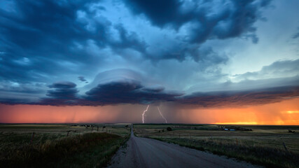 A lighting storm on the Great Plains as the sunsets