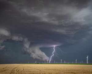 Lightning, Thunder over a wind turbine field on the Great Plains
