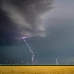 Fotobehang Lightning, Thunder over a wind turbine field on the Great Plains © Laura Hedien