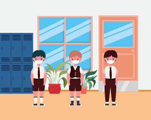 Boys kids with masks in lockers hall design, Back to school theme Vector illustration