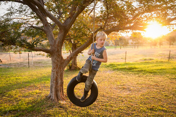 Young caucasion boy playing on backyard tire swing in vibrant afternoon sunlight