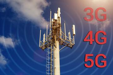 Telecommunication tower with 4G, 5G transmitters. Cellular base station with transmitter antennas on a telecommunication tower on against a blue sky with clouds