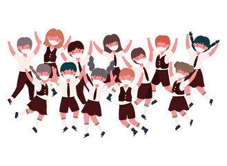 Boys and girls kids with uniforms medical masks jumping design, Back to school and social distancing theme Vector illustration
