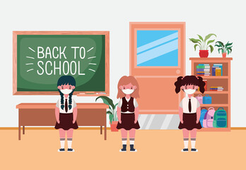 Girls kids with masks in classroom design, Back to school theme Vector illustration