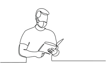 Continuous line drawing of men reading books use protective masks on their faces against infectious viruses. Men reading books and wear masks to protect against the SARS-Covid-19 disease virus