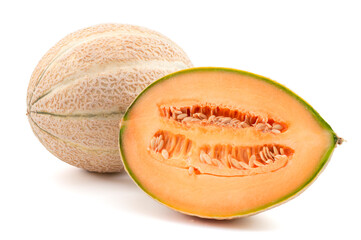 Vitamin rich nutritious fruit and vegetarian nourishment concept with photograph of whole cantaloupe and cross section of half melon isolated on white background with clipping path cutout
