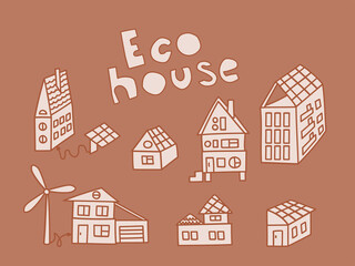 Obraz premium Set of houses and buildings on the roofs of which are solar panels. Eco home concept, solar energy, wind energy. Vector illustration in a flat trendy style for design.