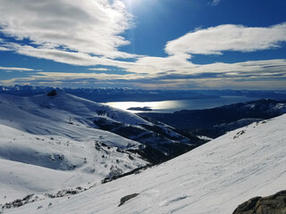 Skiing in Patagonia, amazing view of the lake