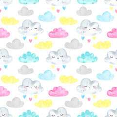 Watercolor seamless pattern weather. Clouds, rain, rainbow, sky background, print, colorful, pastel, heart. Digital paper, for baby textile, fabric, nursery decor. Dream big, little one, scandinavian	