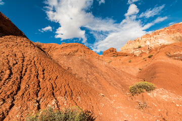 Fototapeta na wymiar Red Hills of Eroded Sand and Clay Wash Down From the Steep Cliffs of the Waterpocket Fold, Capitol Reef National Park, Utah, USA