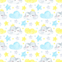 Watercolor seamless pattern cute clouds and stars. Weather, sky background, colorful, pastel colors. Digital paper, for baby textile, fabric, nursery decor. Dream big, scandinavian print	