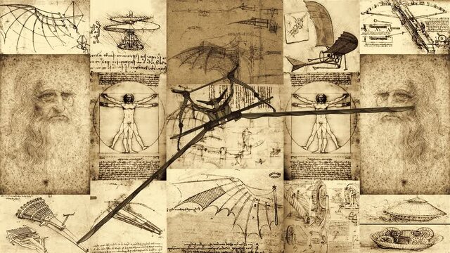 Leonardo Da Vinci Antique Flying Machine Makes Maneuvers And Flies In front Of The Poster With The Inventions Animation
