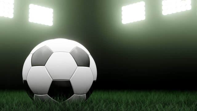 3D rendering. Soccer ball on grass and stadium.