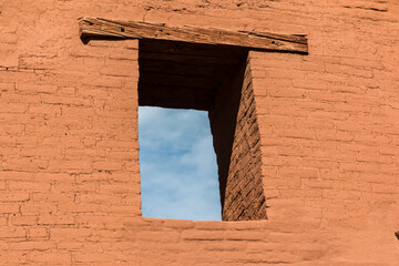High Windows and The Adobe Walls of The Spanish Mission Nuestra Señora de los Ángeles de Porciúncula de los Pecos, Pecos National Historical Park, New Mexico, USA