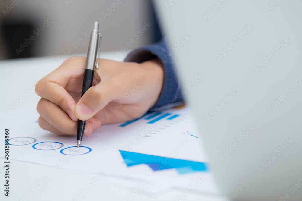 Poster hand of business man pointing document data graph and chart with pen, marketing and investment, repo