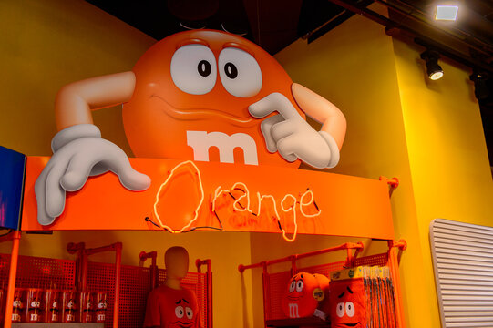 NEW YORK - SEPTEMBER 16, 2017: Orange one of the M and M's World,  a retail store, Times Square, New York