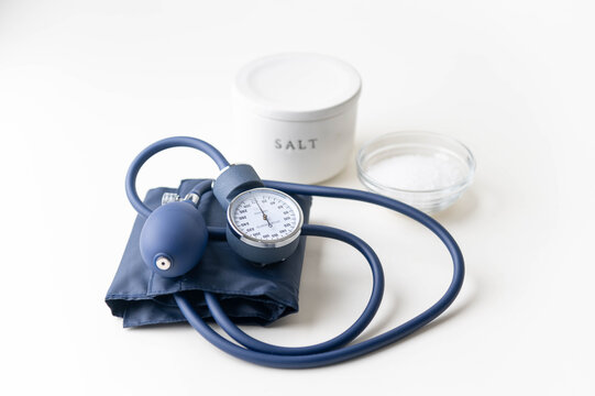 high blood pressure image, salt and sphygmomanometer
