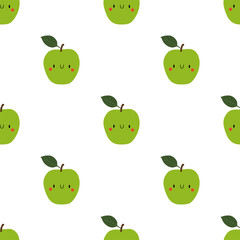 Kawaii Cartoon Apple. Seamless Vector Patterns 