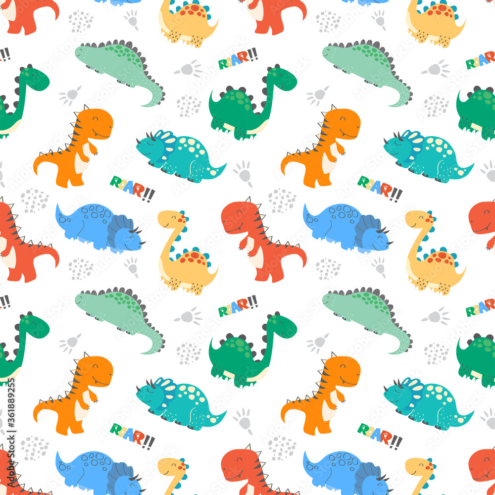 Wall mural kids baby pattern with cute dinosaurs concept