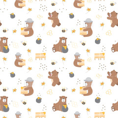 Kids baby seamless pattern with honey bear concept