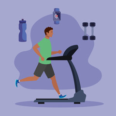sport, man afro running on treadmill with sport icons vector illustration design