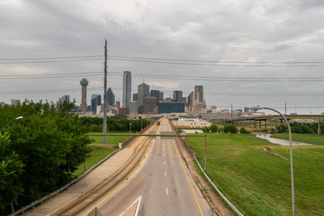 Aerial View of Downtown Dallas Skyline With Empy Street and Public Transportation