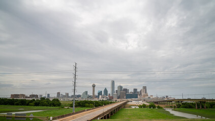 Fototapeta na wymiar Aerial View of Dallas Skyline With Overcast Skyes and Empty Streets