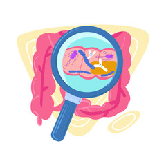 Vector flat illustration abstract bowel under magnifying glass. It shows bacteria of normal flora. Concept probiotics, healthy nutrition, dysbiosis.