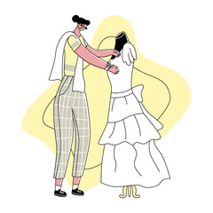 Vector flat illustration  seamstress, dressmaker who works with wedding dress. Concept ordering and sewing wedding dresses, prom dresses manually, individually, ateliers, clothing repairs.