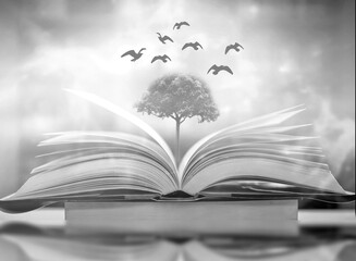 An abstract fantasy image opens an old book with birds flying out of the book as birds flying to the future with magical magic for academic success. Is a beautiful background
