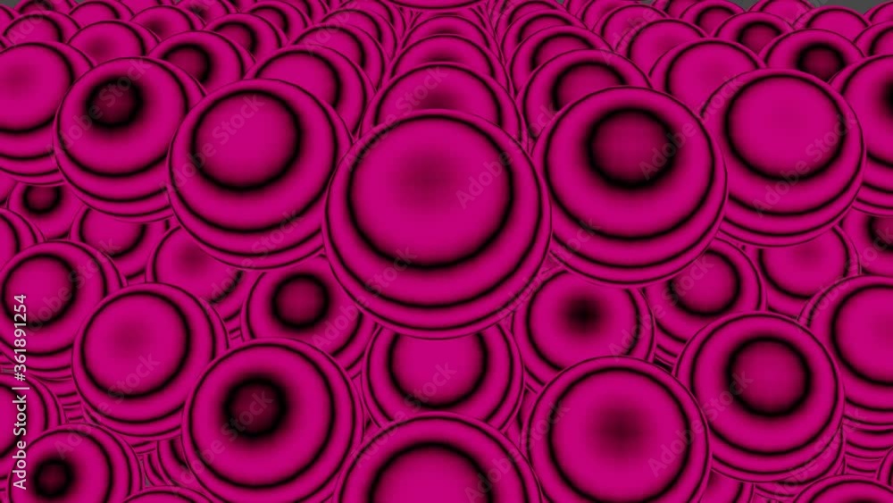 Poster hd video of abstract sphere rows background, with black rings going over balls illuminated with pink