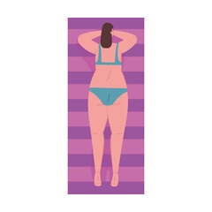 cute plump woman of back in swimsuit lying tanning on white background vector illustration design
