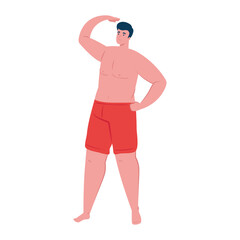 man in shorts red color, happy guy in swimsuit on white background vector illustration design