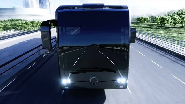 3d model of passenger bus very fast driving on the highway. Futuristic city background. 3d rendering.