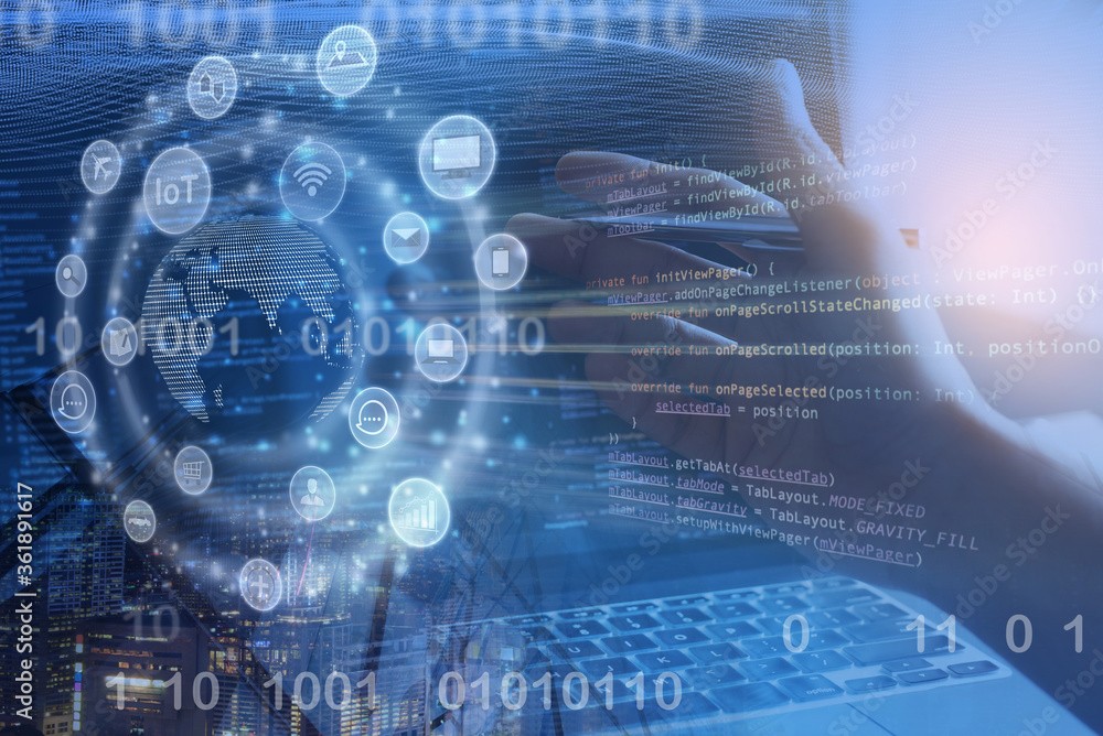 Poster iot internet of things or digital software technology development and apps design concept