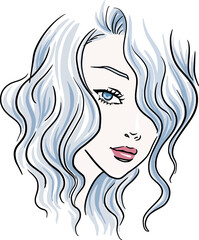 Beautiful girl drawing with light blue wave hair. Digitally hand drawn illustration of a beautiful woman