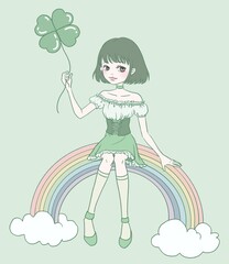 Saint Patrick's Day girl digital illustration on a rainbow and clouds holding four-leaf clover shaped ballon on solid green background