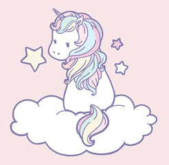 Cute unicorn clipart digital illustration sitting on a cloud looking back.