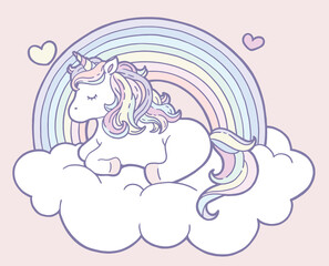 Clipart of a cute unicorn lay down on a cloud with rainbow and hearts.