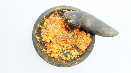 Sambal cobek or Indonesian hot spicy chili sauce isolated on white background