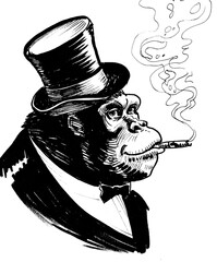 Rich gorilla ape in suit and cylinder hat smoking a cigar. Ink black and white drawing © berdsigns