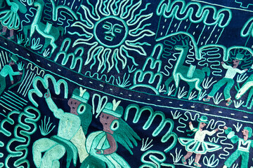 Woven and embroidered wall hanging on display for sale at tourist market in Peru