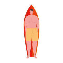 man lying down on surfboard in shorts yellow color on white background vector illustration design